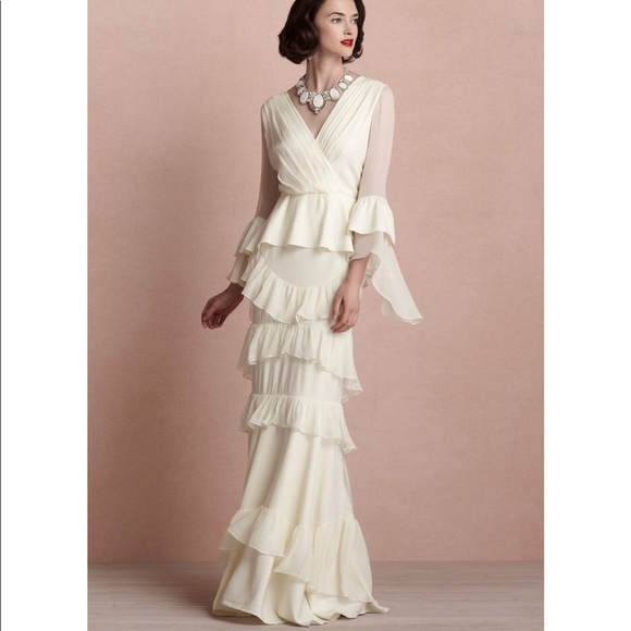 BHLDN Banderole Gown Dress White Long Sheer Sleeve